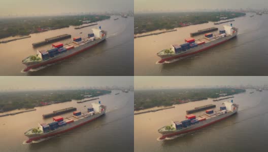 航拍河中集装箱船航迹高清在线视频素材下载