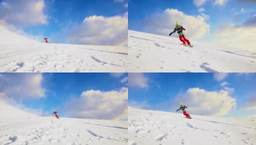 SLO MO女滑雪板在滑雪坡上雕刻高清在线视频素材下载