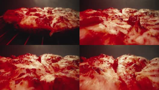 超近距离广角微距拍摄美味热气腾腾的深盘辣香肠披萨新鲜出炉在冷却架上，在加热灯下与移动相机拍摄向后滚动和结束与复制空间高清在线视频素材下载