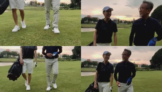 在马六甲高尔夫球场上，一名亚洲华人老人与他的儿子在比赛结束后愉快地散步和交谈高清在线视频素材下载