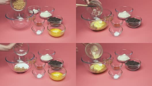 在粉色背景的玻璃碗中加入/混合巧克力片饼干配料:红糖、白糖、巧克力片、鸡蛋、面粉、黄油、香草精、小苏打、4K盐。高清在线视频素材下载