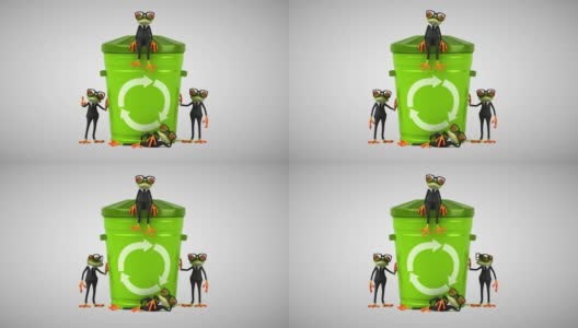 有趣的绿色卡通青蛙回收垃圾高清在线视频素材下载