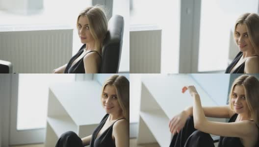 性感的女人轻松地坐在办公椅上高清在线视频素材下载