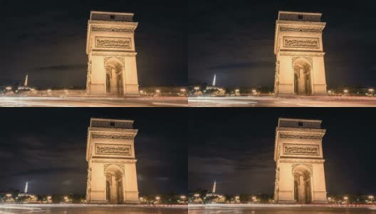 法国巴黎爱丽舍广场和凯旋门的夜晚。交通时间流逝与模糊汽车高清在线视频素材下载