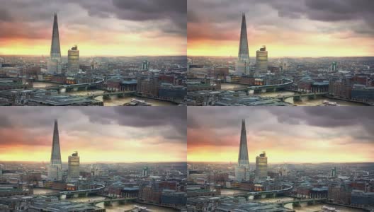 日落时分的伦敦城、泰晤士河和碎片大厦高清在线视频素材下载