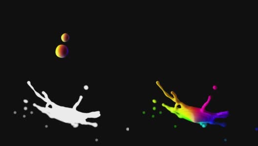 Cg动画两种颜色的水滴碰撞溅在黑色的背景。高清在线视频素材下载