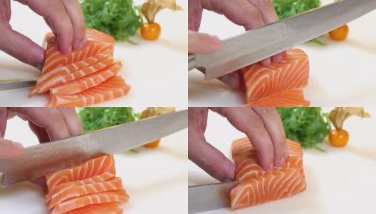 寿司师傅切三文鱼排手握寿司高清在线视频素材下载