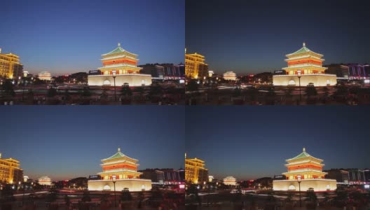 中国西安钟楼夜景的时间流逝。高清在线视频素材下载