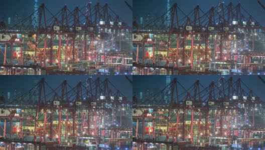 4K延时:工作吊桥在夜间从集装箱货船上卸下集装箱，用于商业物流、进出口、运输或运输。高清在线视频素材下载