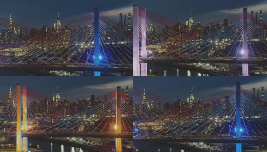 在科修斯科大桥上，曼哈顿中城的夜景。航拍视频与平移摄像机运动。高清在线视频素材下载