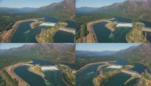 俄勒冈州(约2021年):哥伦比亚河峡谷上博纳维尔水坝的鸟瞰图。用直升机用RED 8K拍摄的Cineflex。高清在线视频素材下载