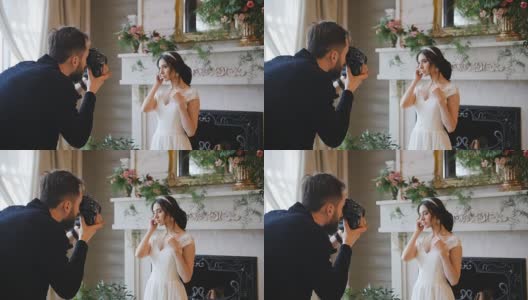 摄影师拍摄与一个中型胶片相机新娘与壁炉的背景高清在线视频素材下载