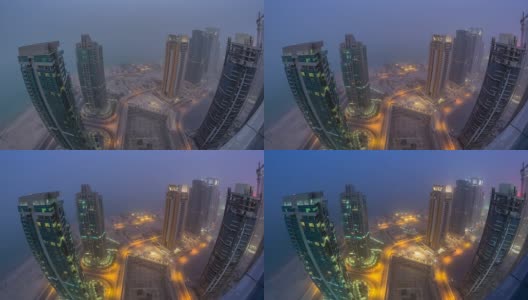 西海湾地区的天际线从多哈的顶部到夜晚的时间流逝，卡塔尔高清在线视频素材下载