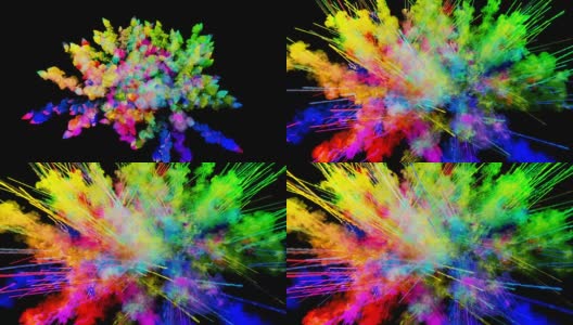 爆炸的火药孤立在黑色背景。3d动画的粒子作为彩色的背景或覆盖效果。迸发出彩虹般的色彩，粉饼呈现出明亮如胡里节。54高清在线视频素材下载