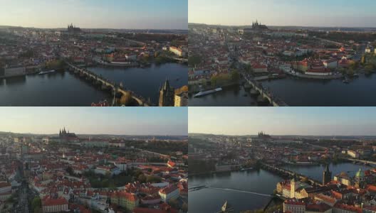 全景俯瞰布拉格老城，鸟瞰城市，俯瞰布拉格，俯瞰城市，俯瞰伏尔塔瓦河，查尔斯桥。布拉格,Czechia高清在线视频素材下载