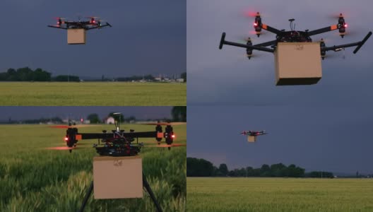 WS无人机带着盒子降落在田野中央高清在线视频素材下载
