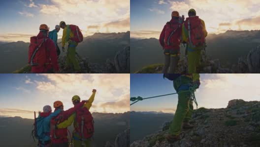 三人登山队在日落时到达山顶高清在线视频素材下载