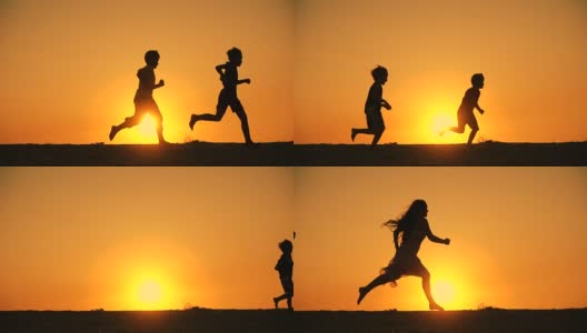 5个孩子一家人在夕阳下奔跑的剪影高清在线视频素材下载