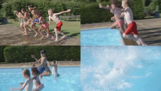 一群孩子跳进室外游泳池高清在线视频素材下载