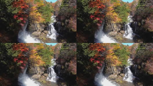 龙津瀑布瀑布在日本日光的秋日时间变化的森林，慢镜头高清在线视频素材下载