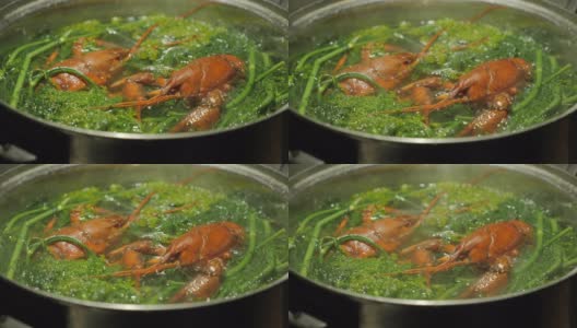 用平底锅烹制美味小龙虾高清在线视频素材下载
