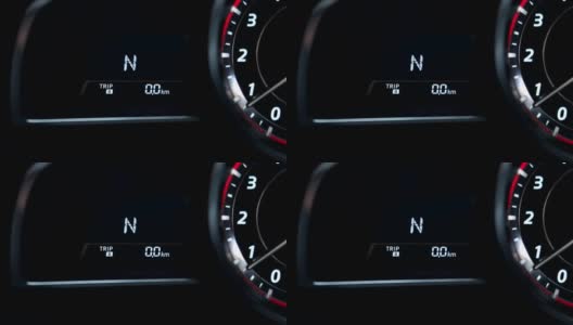 数字汽车转速表显示档位从N到D和发动机加速。高清在线视频素材下载