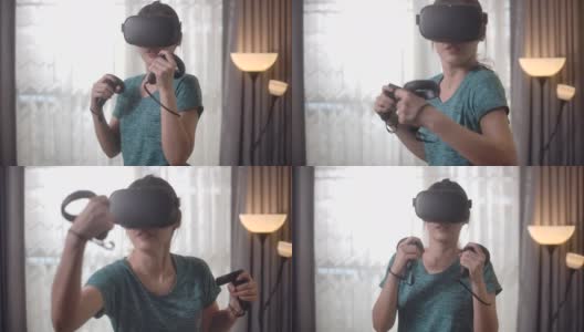亚洲女性使用VR头盔在家玩游戏高清在线视频素材下载