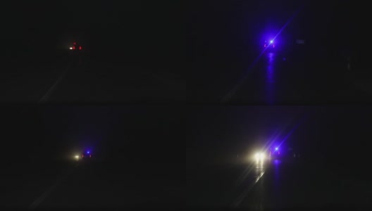 救护车在夜间开着闪烁的灯在长长的道路上运送病人。雾天夜里的乡间小路。有选择性的重点高清在线视频素材下载