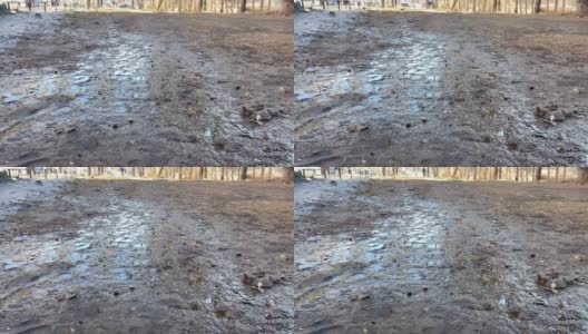 早春的泥坑和肮脏的地面特写。肮脏和泥泞天气的概念高清在线视频素材下载