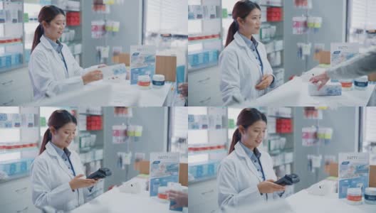 药店收银柜台:专业亚洲女性药剂师销售药品包装，讲解如何使用，客户使用非接触式支付终端和信用卡支付高清在线视频素材下载
