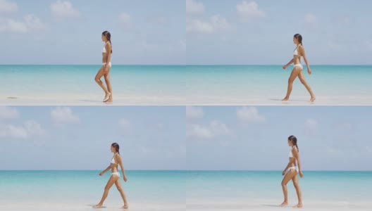 护肤品和身体护理美女穿着比基尼在海滩上散步。宁静，宁静和平静的护肤或健康概念与模型与完美的皮肤。红色稳定器慢动作高清在线视频素材下载