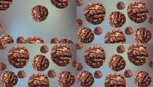 白色背景上的一系列不同直径的Collection巧克力饼干。4 k UHD片段。未来设计，动作设计动画。波普艺术设计，创意圣诞糖果食品概念高清在线视频素材下载