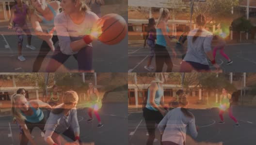 日落的动画在不同的妇女在户外打篮球高清在线视频素材下载