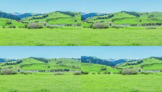 碧蓝的天空下，绿草如茵，群山带森林，全景拍摄。高清在线视频素材下载