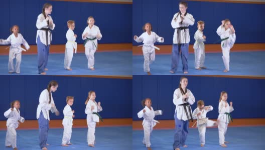老师和孩子们在跆拳道课上，踢腿高清在线视频素材下载