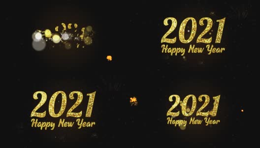 4K新年快乐2021年，文本卡和明亮的魔术粒子火花庆祝夜晚，祝愿，事件，消息，节日，节日高清在线视频素材下载