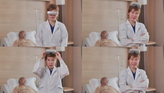肖像亚洲女医生30岁经验丰富的医疗从业者戴着虚拟现实头盔和起飞时看相机和亚洲病人资深男子躺在床上的医疗诊所。多样的医学肖像概念。高清在线视频素材下载