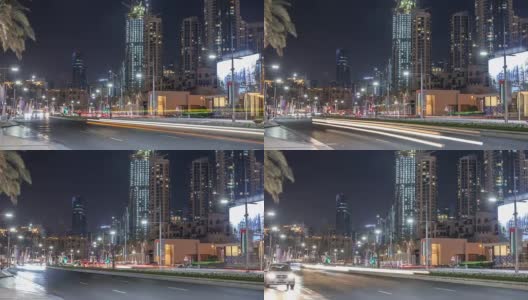 迪拜天际线的街景，以及市中心夜间高峰时段的交通状况高清在线视频素材下载