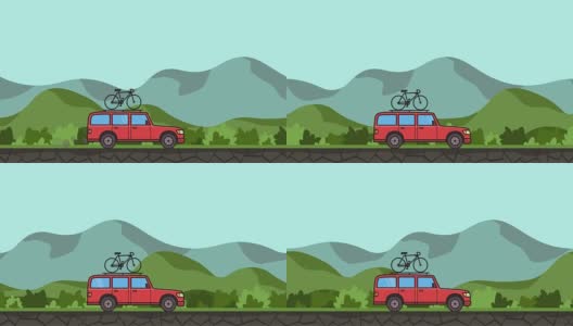 动画红色越野车与自行车在车顶树干上通过gren山谷。移动的小货车在丘陵景观背景。平面动画。高清在线视频素材下载
