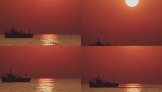 平静的北海上日落时的渔船高清在线视频素材下载