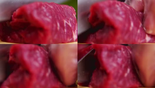 用刀切牛肉，特写高清在线视频素材下载