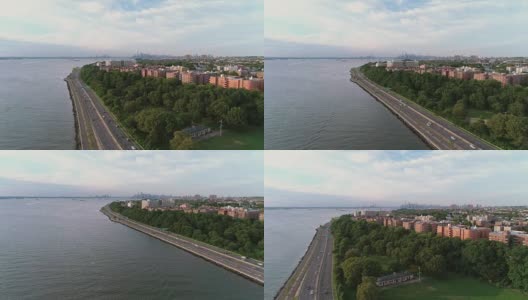 从空中俯瞰曼哈顿的布鲁克林，哈德逊河和贝尔特公园路，美国纽约高清在线视频素材下载