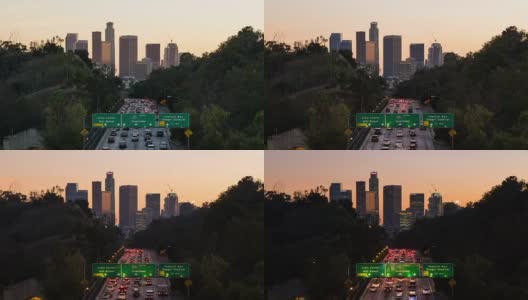 洛杉矶市中心和110号南高速公路的昼夜时间高清在线视频素材下载