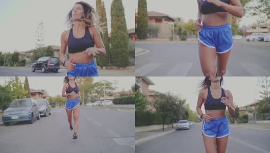 女跑步者在城外训练。慢动作拍摄高清在线视频素材下载