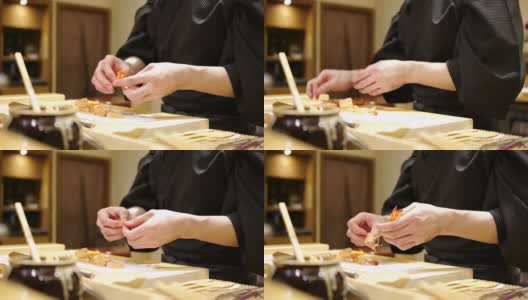 寿司厨师准备寿司和服务一个小日本餐厅的顾客，omagase course高清在线视频素材下载