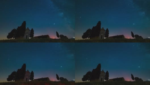 托斯卡纳锡耶纳省Val d'Orcia的维塔莱塔教堂，银河的夜晚时光流逝高清在线视频素材下载
