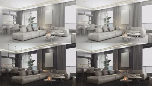 现代极简主义公寓内部。客厅，厨房和餐厅。从空白到全色的概念。高清在线视频素材下载