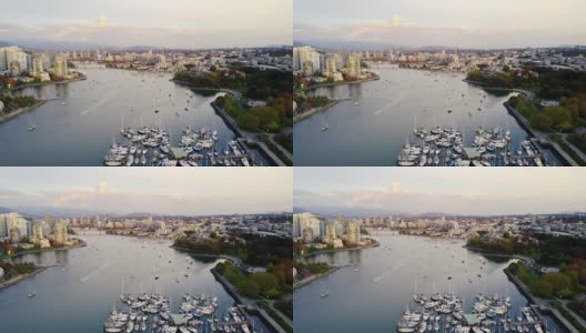 从上往下看温哥华市中心和码头在日落高清在线视频素材下载