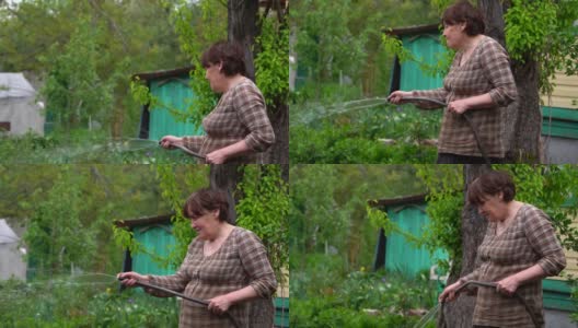 成熟的女人用软管浇灌花园。年长的女性向她的家庭求爱高清在线视频素材下载