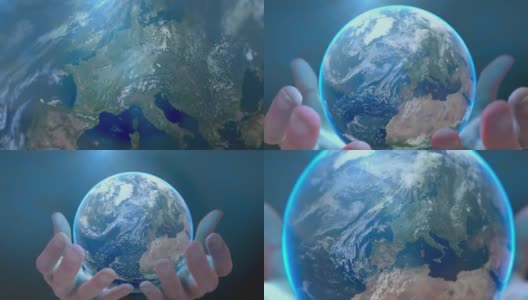 放大手掌在深蓝色背景上握着行星地球。生态、环保、全球关怀的象征。高清在线视频素材下载